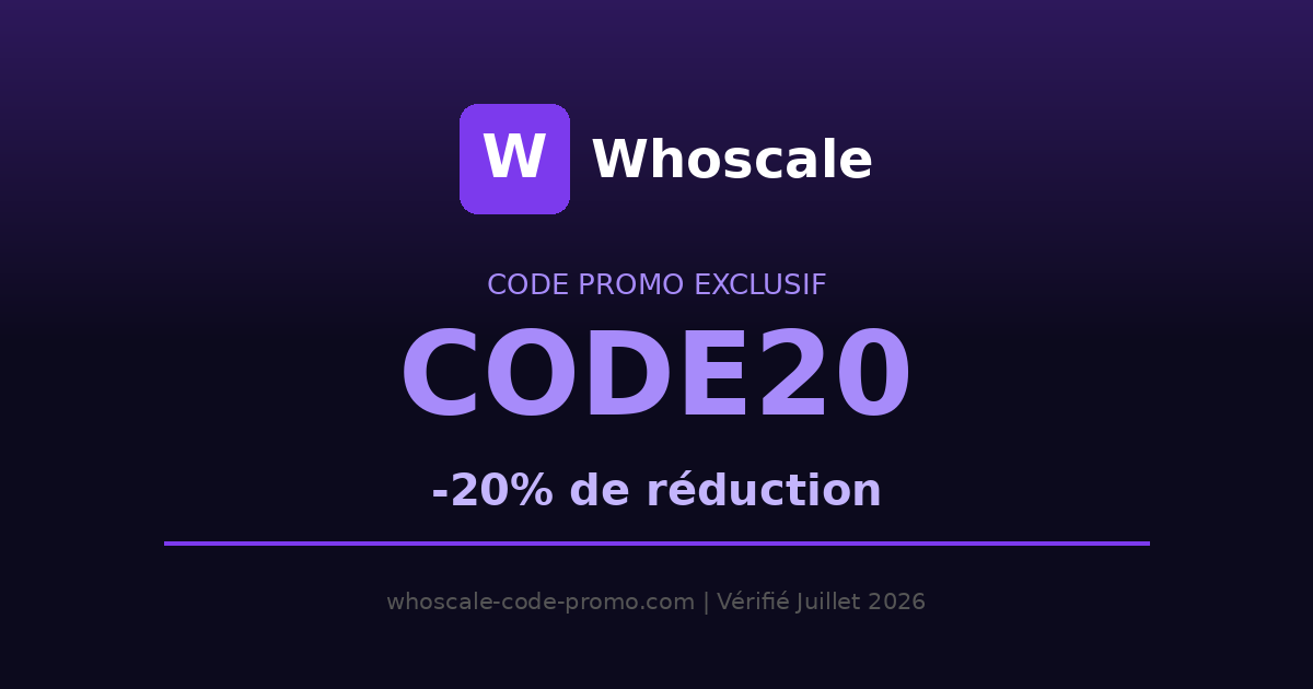 Code Promo Whoscale CODE20 — Obtenez -20% de réduction sur tous les abonnements Whoscale.io. Outil d'espionnage publicitaire Meta pour infopreneurs. Vérifié Juillet 2026.